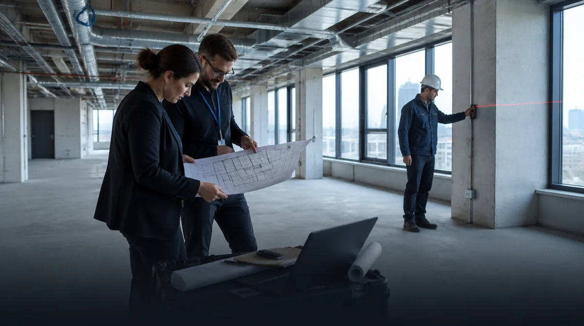 Equipe analisando planta em pavimento corporativo vazio